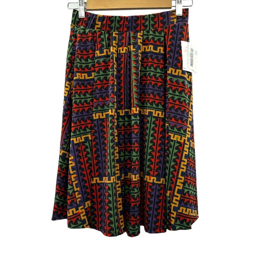 LuLaRoe Madison Black Multicolor Geometric Print Pleated A-Line Mini Skirt Sz XS
